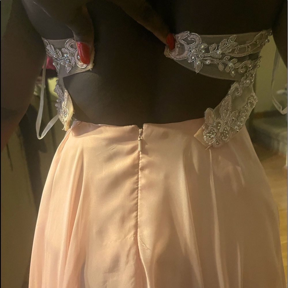 Coral colored strapless dress